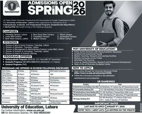 Admission notice for University of Education Township Lahore